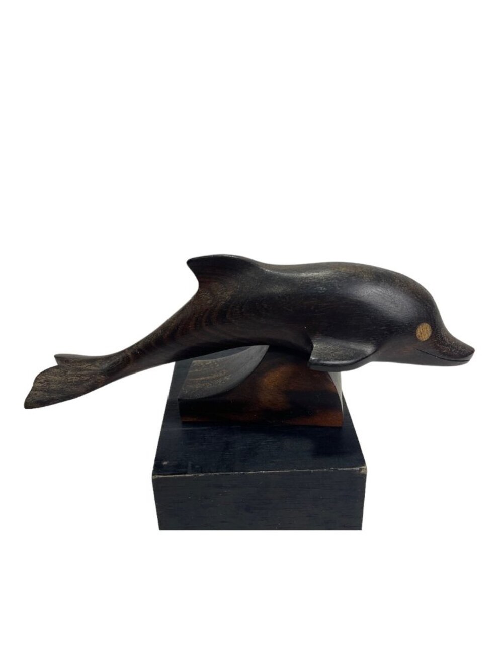Vintage Rotary Wooden Hand Carved Dolphin Figurine Smooth Dark Wood 6.75 in